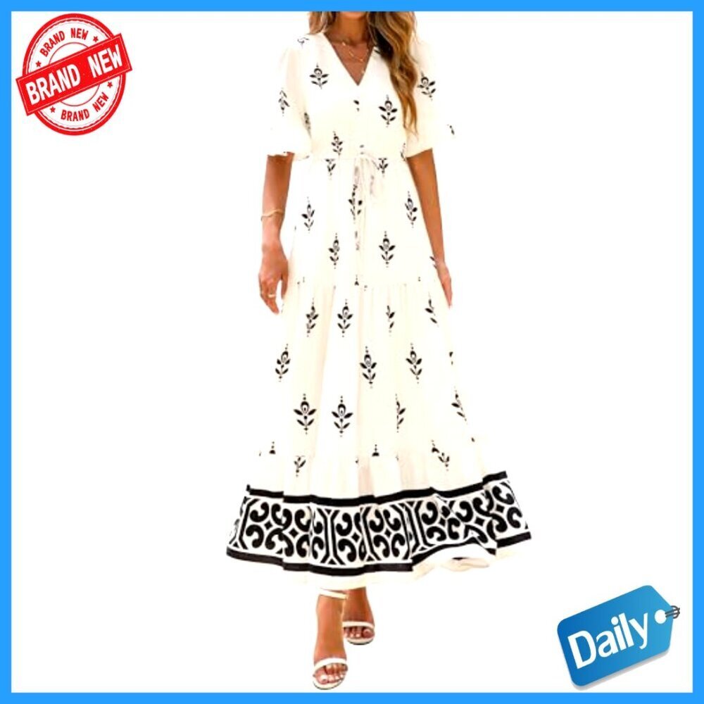 Floral Boho Maxi Dress with Pockets, V-Neck, Short Sleeve, Elastic Waist - Picture 4 of 7